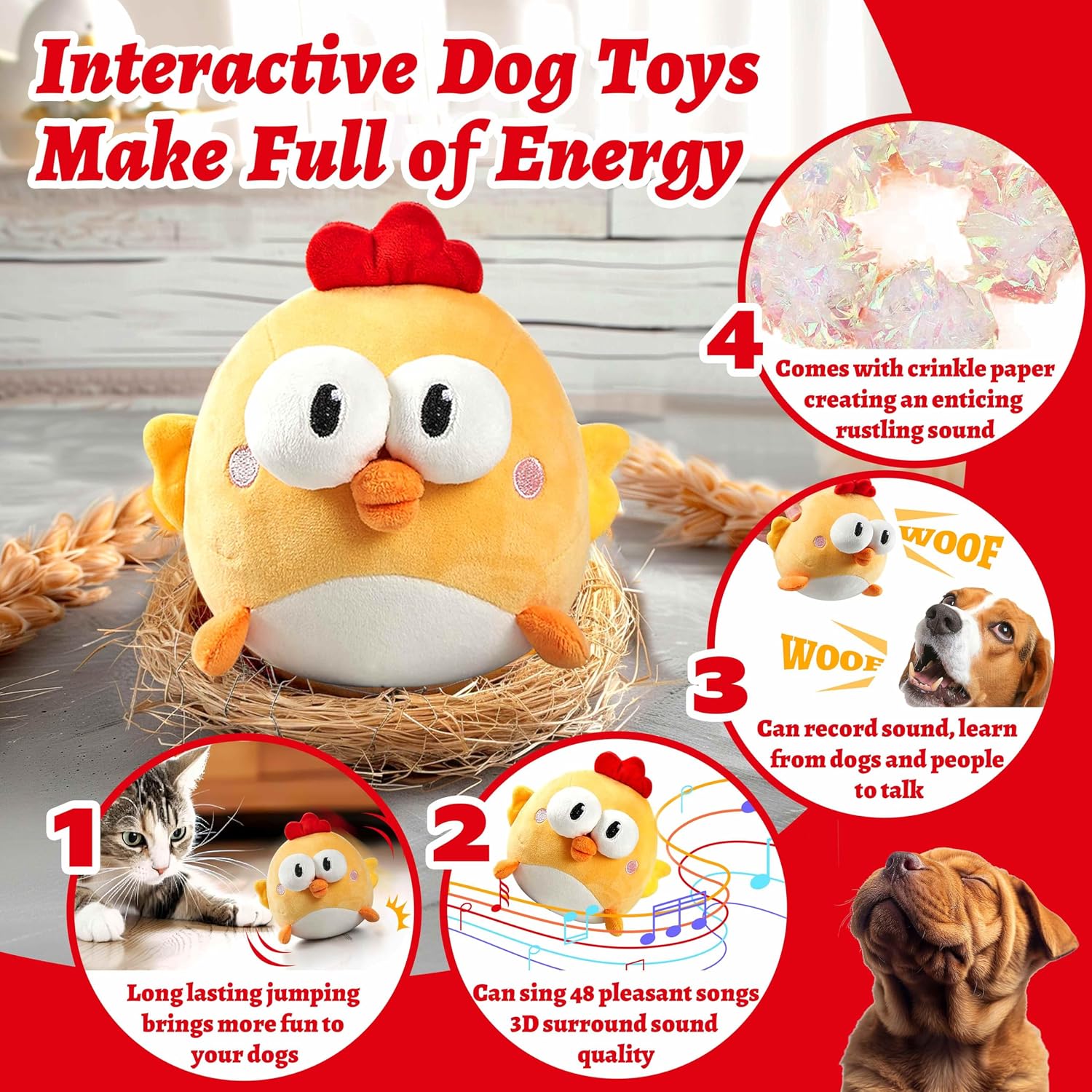 GUKCO Interactive Dog Toys, Moving Ball Toy with Jumping & Music(Chick)